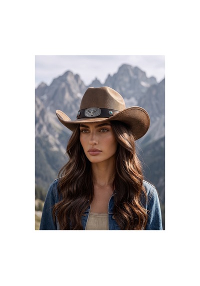 Gigi Luxe Kadın Camel Kovboy Şapkası Boğa Tokalı Deri Bantlı Vintage Western Şapka Kanvas Kahverengi Kahverengi