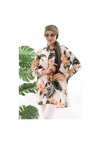 Polologin Butik Haki Çiçek Desenli Viskon Tunik Gömlek Krem