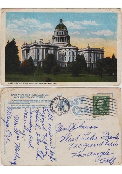 Oregon-portland 3 Haziran 1921 Tarihli Postadan Geçmişsacramento-state Capıtol Temalı Pullu Posta Kartı.