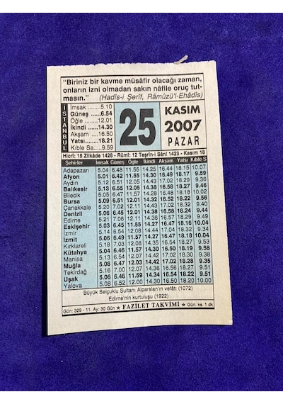 25 Kasım 2007 Takvim Yaprağı - Nostalji Koleksiyonluk Takvim Yaprağı