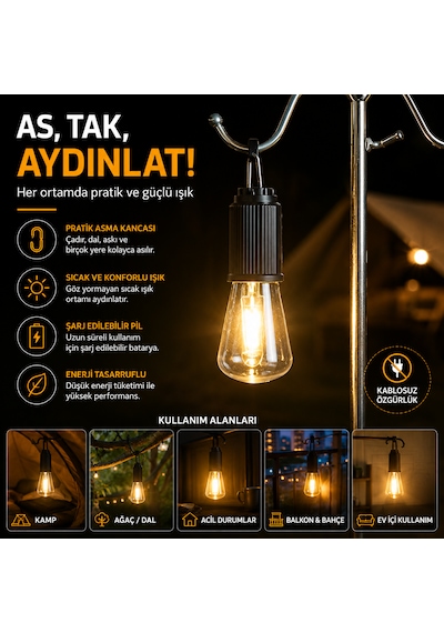 Şarj Edilebilir Led Kamp Lambası 3 Kademeli Sıcak Işık Asma Kancalı Taşınabilir Çadır Ve Acil Durum Lambası