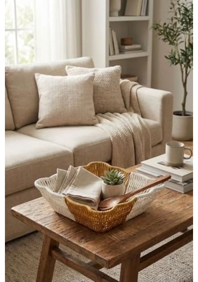 Kare Dalgalı Çift Renkli Plastik Rattan Sepet, Ekmek Ve Meyve Sepeti, 25x25x8 Cm, Yıkanabilir, İç İçe Geçebilen, 3 Parça