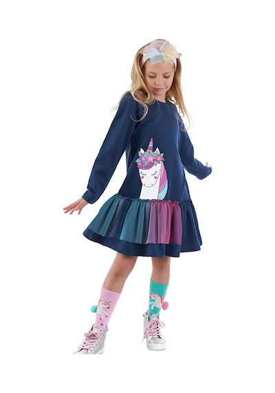 Denokids Tüllü Unicorn Kız Çocuk Lacivert Elbise Renkli