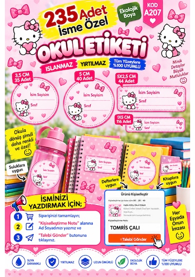 Okul Etiketi 235 Adet Kişiye Özel İsim Yazılabilen Suya Dayanıklı Etiket Çok Renkli