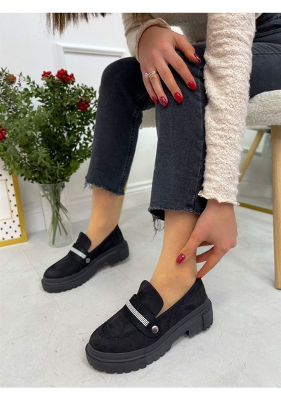 Siyah Süet (Fabio) Üç Tokalı Kadın Loafer Siyah