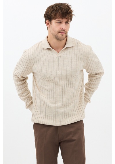 Erkek Bej Slim Fit Uzun Kollu Polo Yaka Triko Kazak Bej