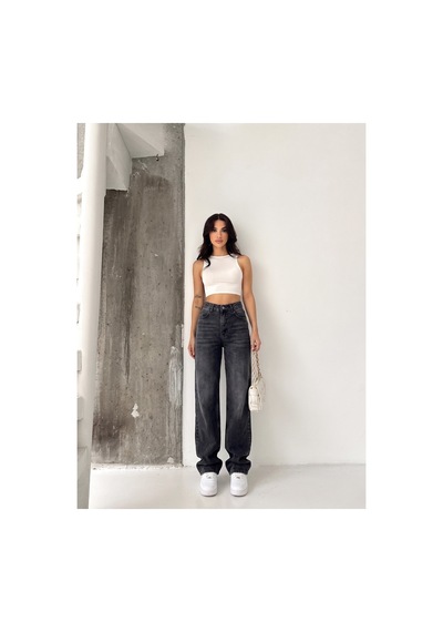 Kene Jeans Siyah İşlemli Yüksek Bel Straight Denim Pantolon Siyah İşlemli