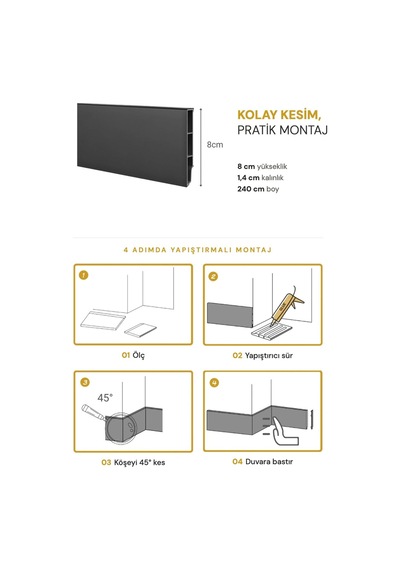 Vilo Sempla 702 Siyah Pvc Süpürgelik 240cm Kolay Montaj - Suya Ve Çizilmeye Dayanıklı