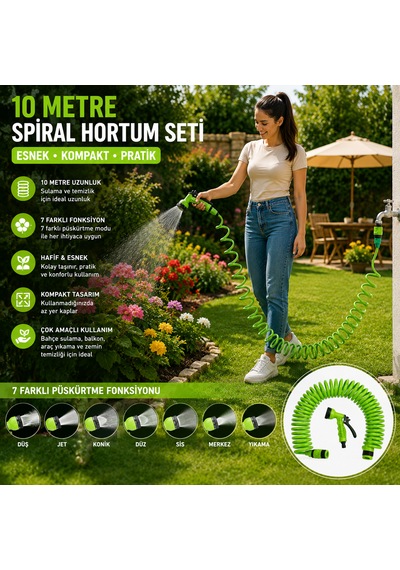 10 Metre Spiral Bahçe Hortumu Seti 7 Fonksiyonlu Püskürtme Tabancalı Sulama Ve Temizlik Seti Yeşil