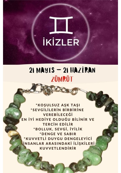 Gümüştel El Sanatları Sertifikalı Burç Taşı Ikizler Burcu Zümrüt Taşı Bileklik Çok Renkli