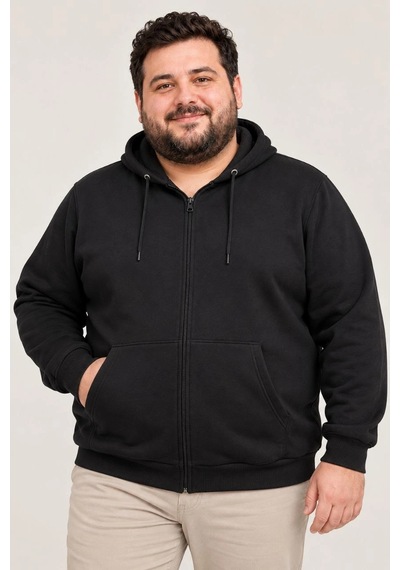 Assema Erkek Battal Büyük Beden Üç İplik İçi Şardonlu Kapüşonlu Tam Fermuarlı Kışlık Sweatshirt - Siyah Çok Renkli