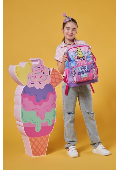 Coral High Dört Bölmeli Pembe Mor Dondurma Desenli İlkokul Sırt Çantası - Kız Çocuk