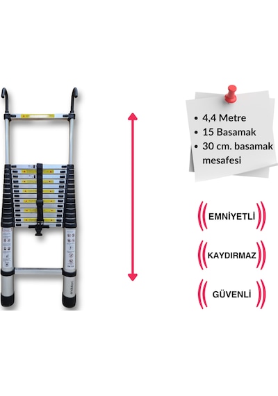 Endokon 440 Cm. - 15 Basamaklı Kancalı Teleskopik Merdiven - I Tipi Uzayan Merdiven