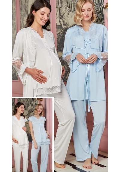 Bone Club 4703 Mavi Hamile Lohusa 3 Lü Pijama Sabahlık Takımı
