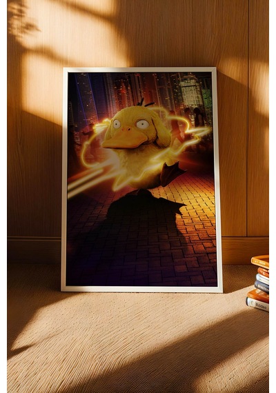 Psyduck Neon Psişik Güç Çerçeveli Tablo - Lüks Realistik Pokemon Anime Modern Şehir Duvar Dekoru Beyaz