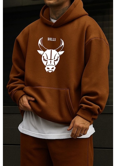 Benroma 3 İplik Penye Chıcago Bulls Baskılı Sweatshırt Kahverengi