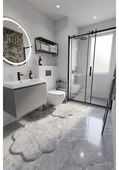 2'li Papatya Banyo Paspası Takımı Kaymaz Taban Yıkanabilir Peluş Pofuduk Post 80x80 - 100x100 Gri Gri