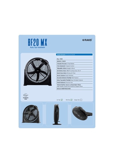 Raks Bf20mix Kutu Vantilatör Duvarda Kullanım Özelliği 110 Watt 20''
