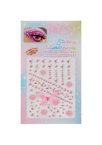 Pembe Aurora Ay Yıldız Ve Tül Kelebekli 3d Yüz & Vücut Kristal Sticker Seti