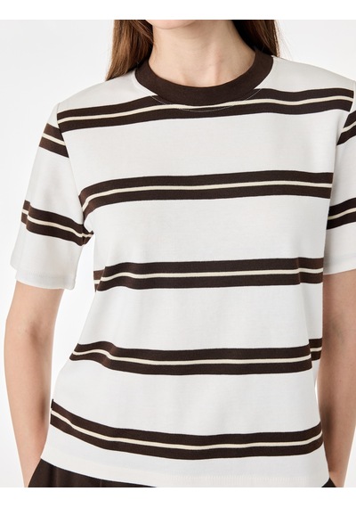 Koton Regular Fit Kısa Kollu Bisiklet Yaka Çizgili Tişört Ekru Çizgili 7wak50007pk
