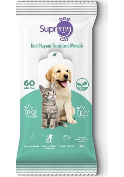 Supreme Yeşil Çaylı Kedi Ve Köpek Temizleme Mendili 60 Adet 3'lü Paket