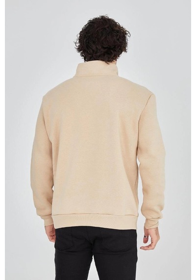 Barlashive Erkek Yarım Fermuarlı Baskılı 3 İplik Pamuklu Sweatshirt - Bej Çok Renkli