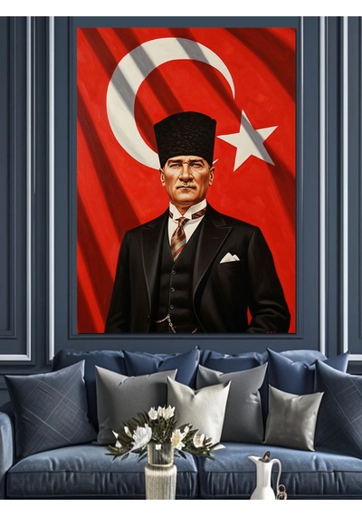 Ahşap Tablo Bayrak Önünde Atatürk Resmi