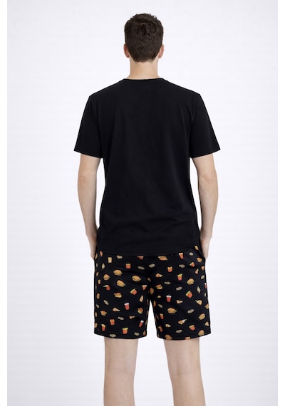 Erkek Pamuklu Baskılı Cepli Şortlu Pijama Takımı Ke77631 Siyah - Kırmızı