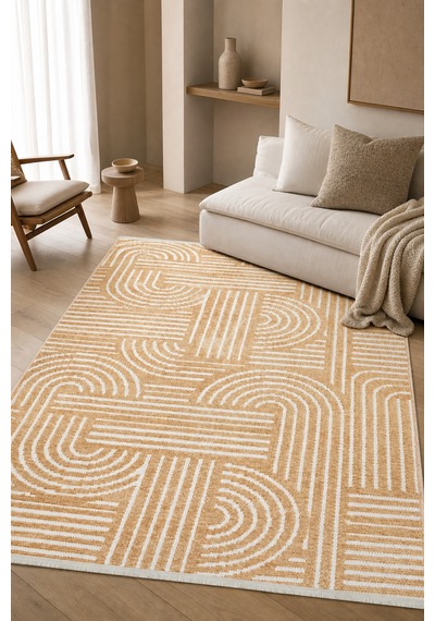 Zelve Geometrik Hardal/beyaz Kaymaz Taban Yıkanabilir Salon Halısı