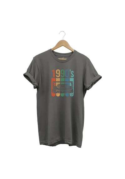 Vintage Retro 1990's Baskılı Kaset %100 Pamuk Regular Fit Bisiklet Yaka Gri T-shirt Gri