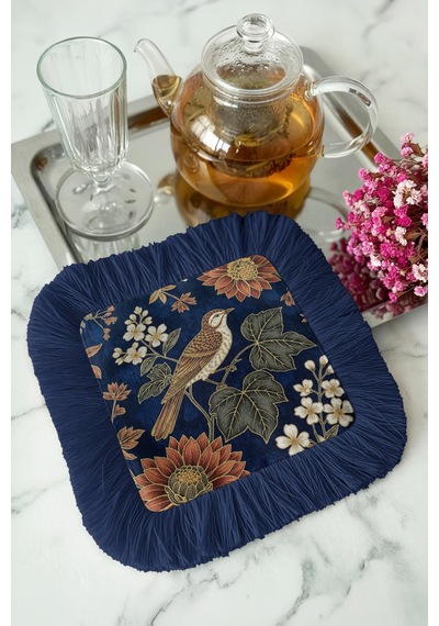 Lüks Kuş Çiçek Motifli Saçaklı Sunum Peçetesi - Vintage Rustik Lacivert Bardak Altlığı Mendil Çok Renkli