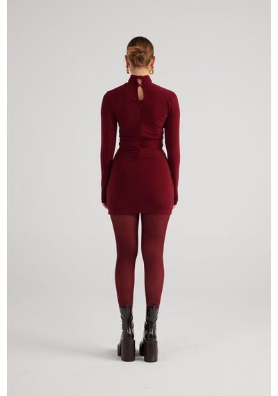 Holly Lolly Balıkçı Yaka Büzgülü Mini Tami Elbise Bordo