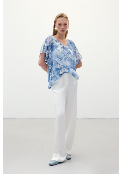 Sateen Nakışlı Kısa Kol Bluz - İndigo-136300 Indigo