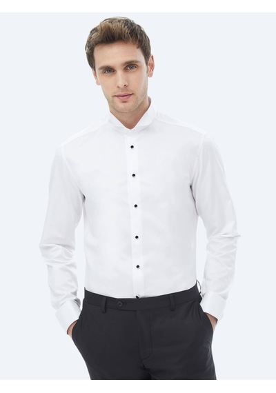 Kip Beyaz Düz Slim Fit Duble Manşet Smokin Gömlek