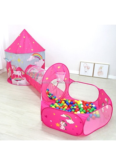 Unicorn Çocuk Oyun Çadırı, 3'ü Bir Arada, Top Havuzu, Oyun Çadırı, Oyun Tüneli - Top Havuzlu Çadır Açık Pembe