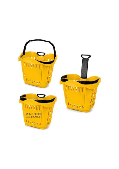 5 Adet - 43 Lt Tekerlekli Market Sepeti Plastik Alışveriş Sepeti Ergonomik Çift Saplı Sarı