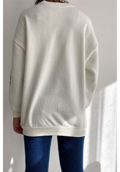 Femelle Kadın Ekru Kot Detaylı Taş İşlemeli Pamuklu Sweatshirt