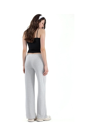 Hiccup Busem İpli Bel Wide Leg Çizgili Pantolon Gri