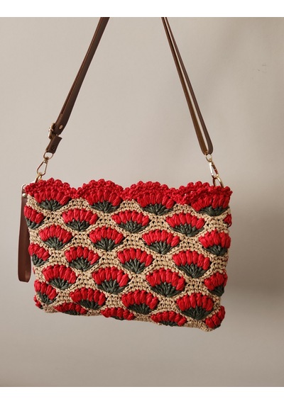 Fikriharika Design Karanfil Desenli, Suni Deri Astarlı, Rafya Clutch Çanta Bej - Çok Renkli