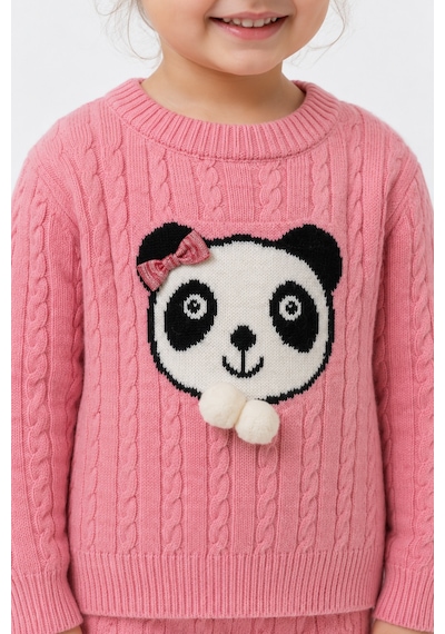 Babyhola 1-5 Yaş Kız Çocuk Panda Desenli Saç Örgü Kışlık Triko Takım 23217 Fuşya