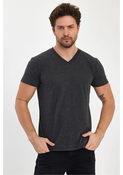 Erkek Compact Penye V Yaka T-shirt Antrasit