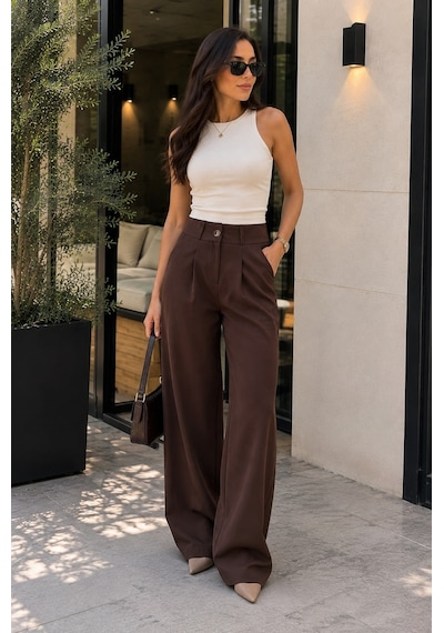 Unika Boutique Kadın Yüksek Bel Pileli Düğme Detaylı Bol Kesim Likralı Palazzo Kumaş Pantolon kahve