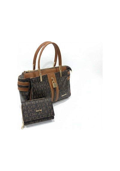 Just Polo Kadın Lüks El & Omuz Çantası Gold Detaylı Özel Tasarım Çanta Ve Uyumlu Cüzdan 22x28 Cm Kahverengi - Taba