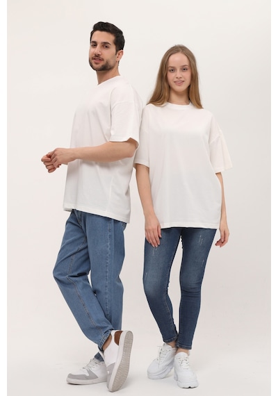 Unisex Kırık Beyaz Oversize Bol Kalıp T-shirt Ekru