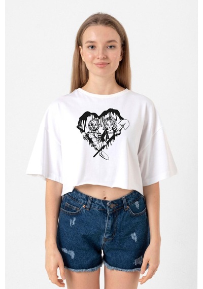 Chucky And Bride Horror Beyaz Kadın Crop Tshirt Beyaz