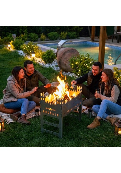 Kamp Ayısı Castlegrill 2mm Galvaniz Çelik, Katlanır, 13 Şiş Kapasiteli Şiş Mangalı Ve Ateş Çukuru Gri