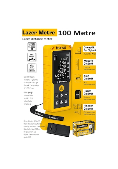 Sgs5426 - 100 Metre Lazer Metre Mesafe Ölçer - Pisagor - Alan - Hacim - Mesafe - Otomatik Alçı Ölçümü