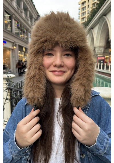Mollycrush Camelpelüş Kürklü Genç Pilot Şapkası - Yumuşak Tüylü Kulaklı Ushanka Kahverengi