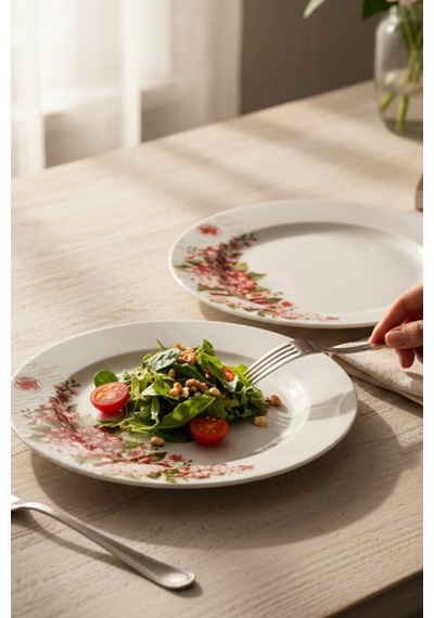 6'lı Porselen Servis Tabak Pasta Tabağı 25,5cm Çiçekli Model Beyaz