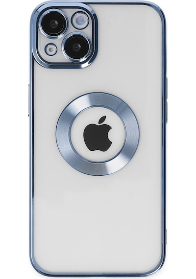 Apple Uyumlu iPhone 13 Yanları Renkli Lens Korumalı Logo Gösteren Şeffaf Luxury Silikon Kılıf - Açık Mavi